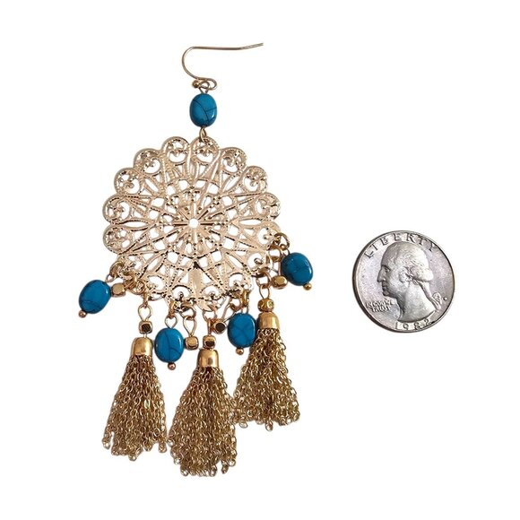 Gold & Turquoise Chandelier Earrings With Beaded Dangle & Fringe Design Bohemian - Picture 4 of 5